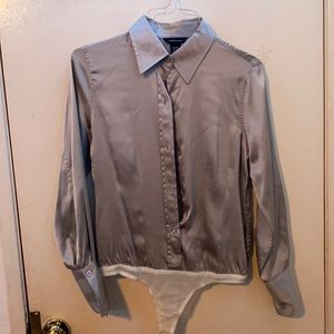 Moda International Silk Collar Shirt body suit TAN  ‘Size M